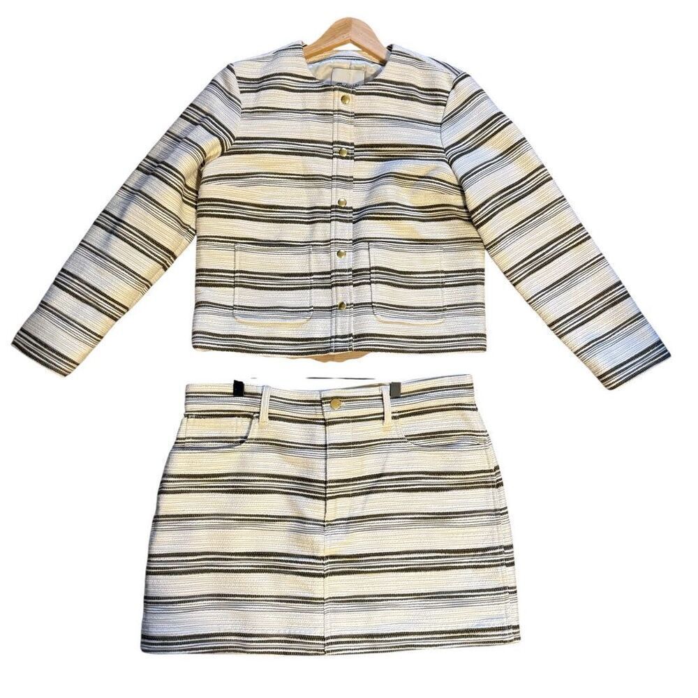 Madewell Size M Button Jacket & Skirt Set Beige Black Tweed Stripe Preppy NWT